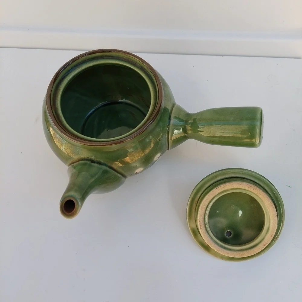 Miso Pottery Asian Japan Green with White Cherry Blossoms Side Spout Tea Pot - Picture 3 of 11